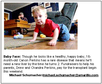 Text Box:  

Baby Face: Though he looks like a healthy, happy baby, 16-month-old Canon Perkins has a rare disease that means hell need a new liver by the time he turns 2. Fundraisers to help his parents, Drew and Chandra Perkins, pay for the transplant begin this weekend. 
Michael Schumacher/michael.schumacher@amarillo.com


